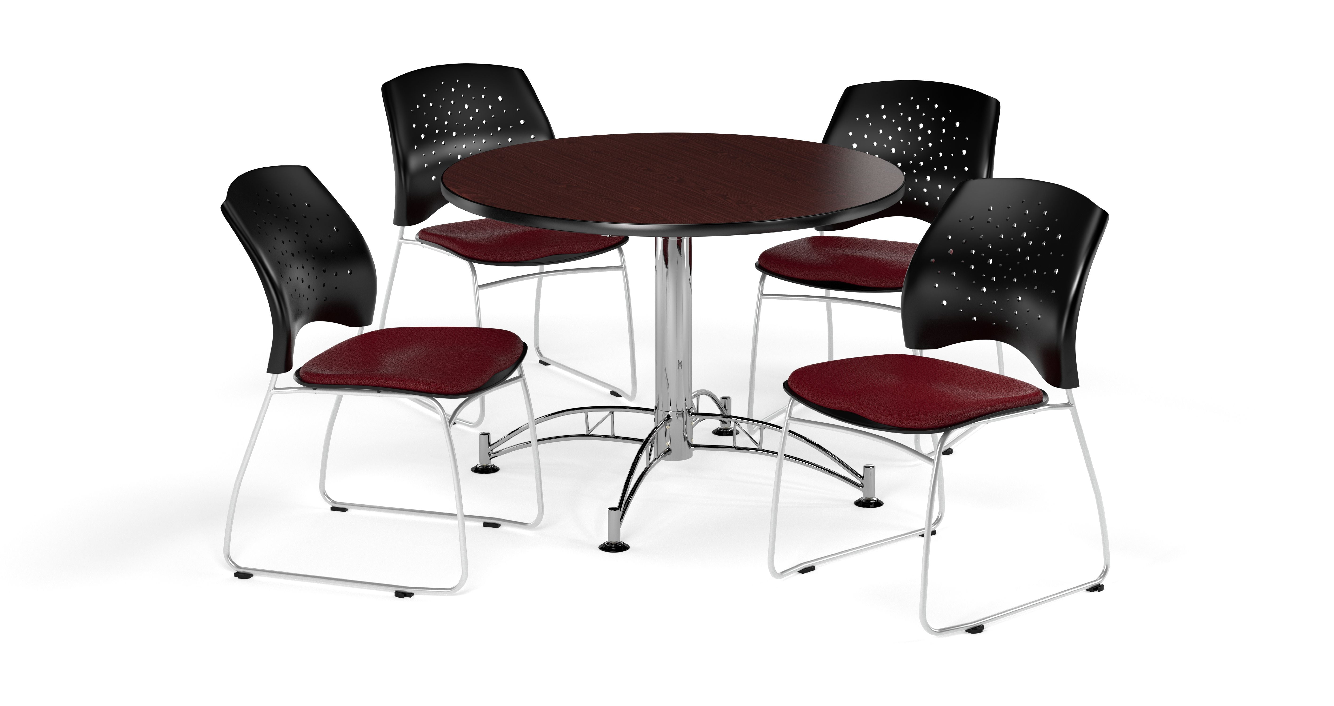 ofm mahogany 36-inch round break room table with 4 star chairs - 36