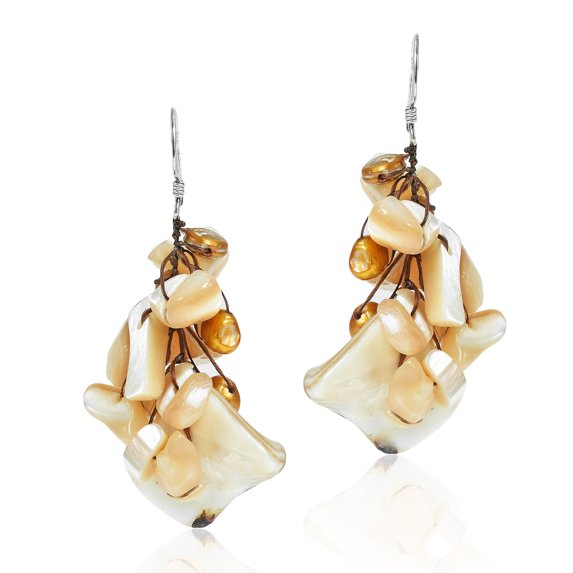 Brown Mother of Pearl Cluster Shell Drop Sterling Silver Earrings