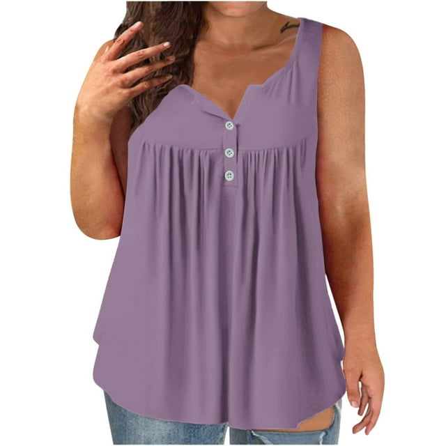 Dealovy Débardeurs Grande Taille pour Femmes Décontracté Sans Manches Col Rond Boutons Froncés Couleur Unie T-Shirts Amples Fluides