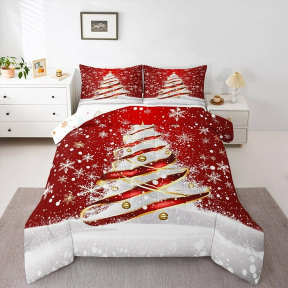Manfei Red Xmas Tree Bedding Comforter Set for Teen, Winter Snowflake Twin Comforter Sets, Merry Christmas Reversible Bedding Set, Breathable Home Decor, 2pcs