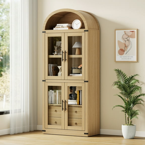 71.7'' Tall Arched Bookcase with 4 Glass Door & 2 Drawers, Freestanding Arched Cabinet with Anti-Tipping Device, for Living Room, Bedroom