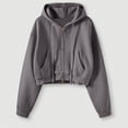 thumbnail image 5 of SNKSDGM Women Solid Cropped Full Zip Up Hoodie Jacket, Oversized Long Sleeve Drawstring Sweatshirt With Patch Pockets Casual Street Outer Tops Dark Gray XL, 5 of 5