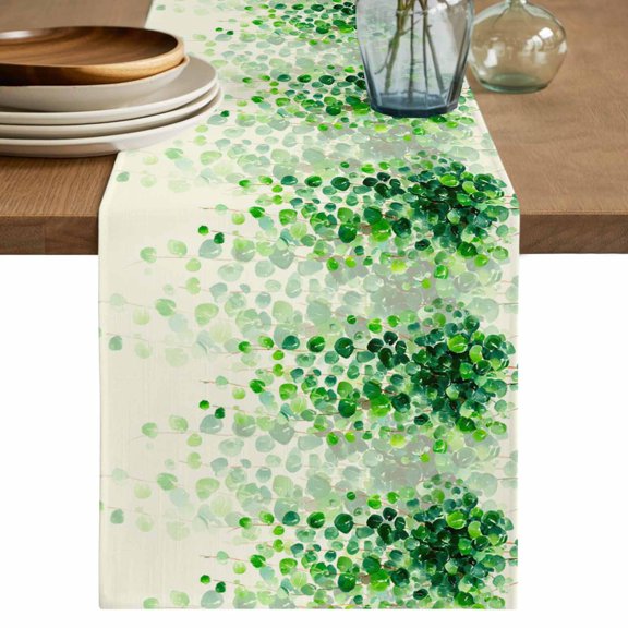 Spring Green Leaves Table Runner 70 Inches, Watercolor Vintage Vines Botanical Bed Runner Dresser Scarves Tabletop for Indoor Outdoor Parties/Ceremony/Banquet, 13" x 70"