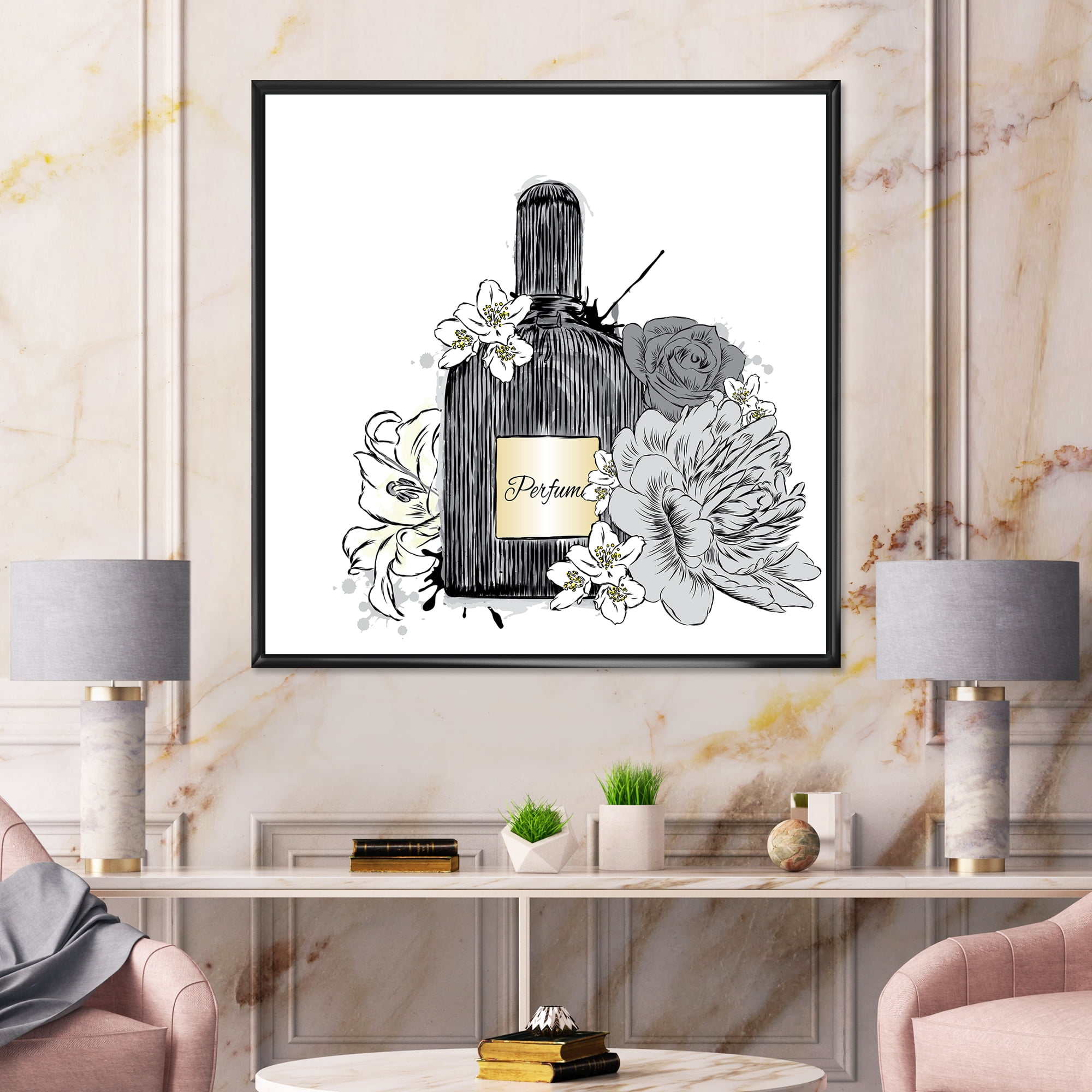 Bouquet of Flowers and Perfume Bottle III 16 in x 16 in Framed Painting Canvas Art Print, by Designart