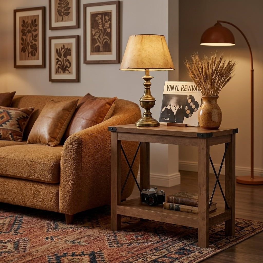 Ledrem Rustic Country Side Table, End Table for Narrow Areas, Honey Brown Particleboard and Steel