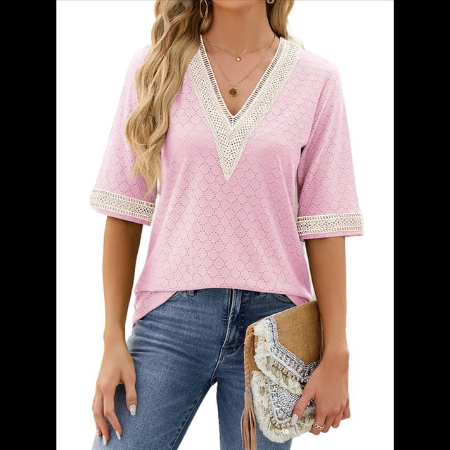 Blusa Tipo Túnica de Hueca con Encaje de Crochet, Cuello en V, 3/4, Color Liso, Talla Grande, para Mujer. Rosa L