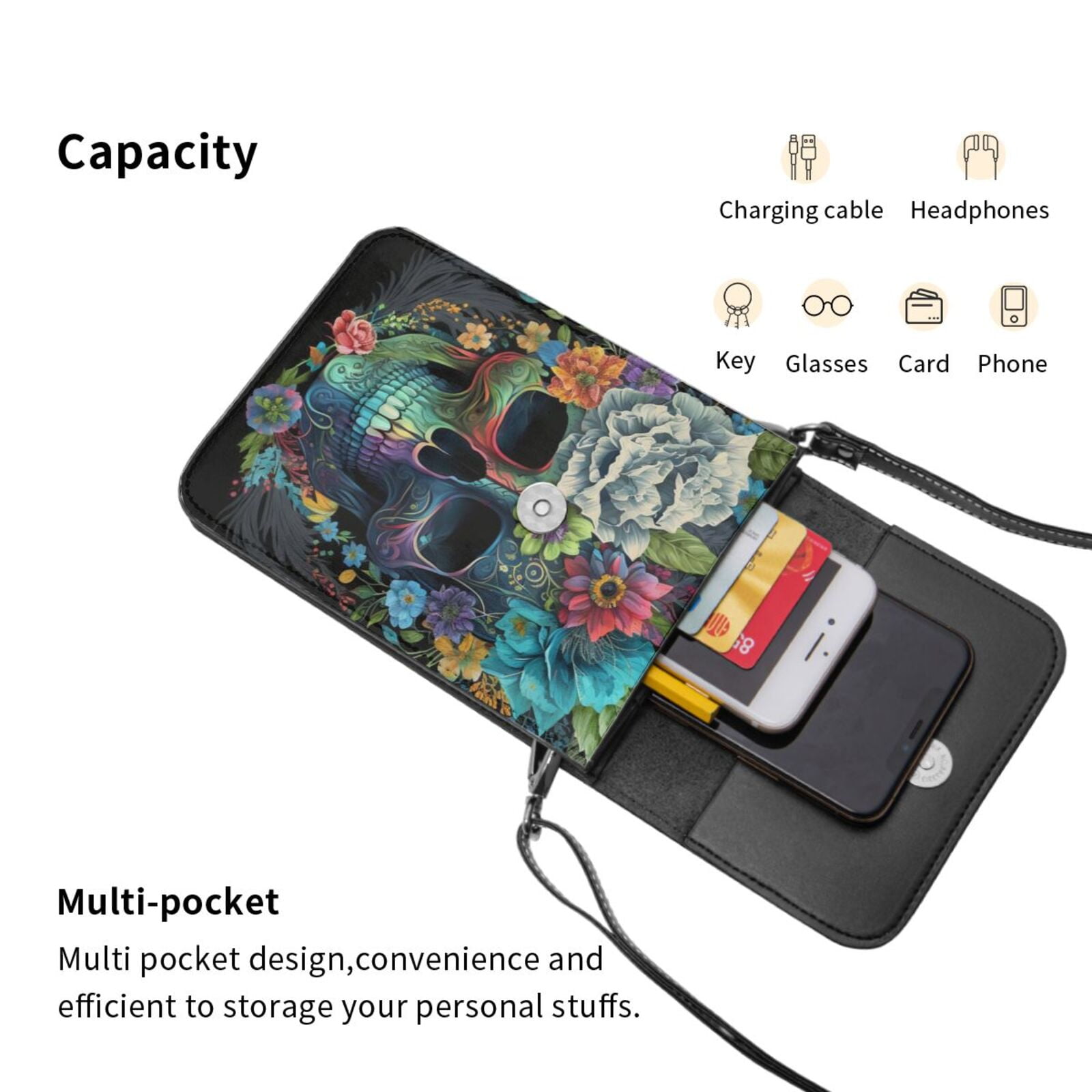 Floral Sugar Skull Flowers Cell Phone Purse Small Crossbody Bag with Strap Credit Card Slots Leather Shoulder Wallet for Women