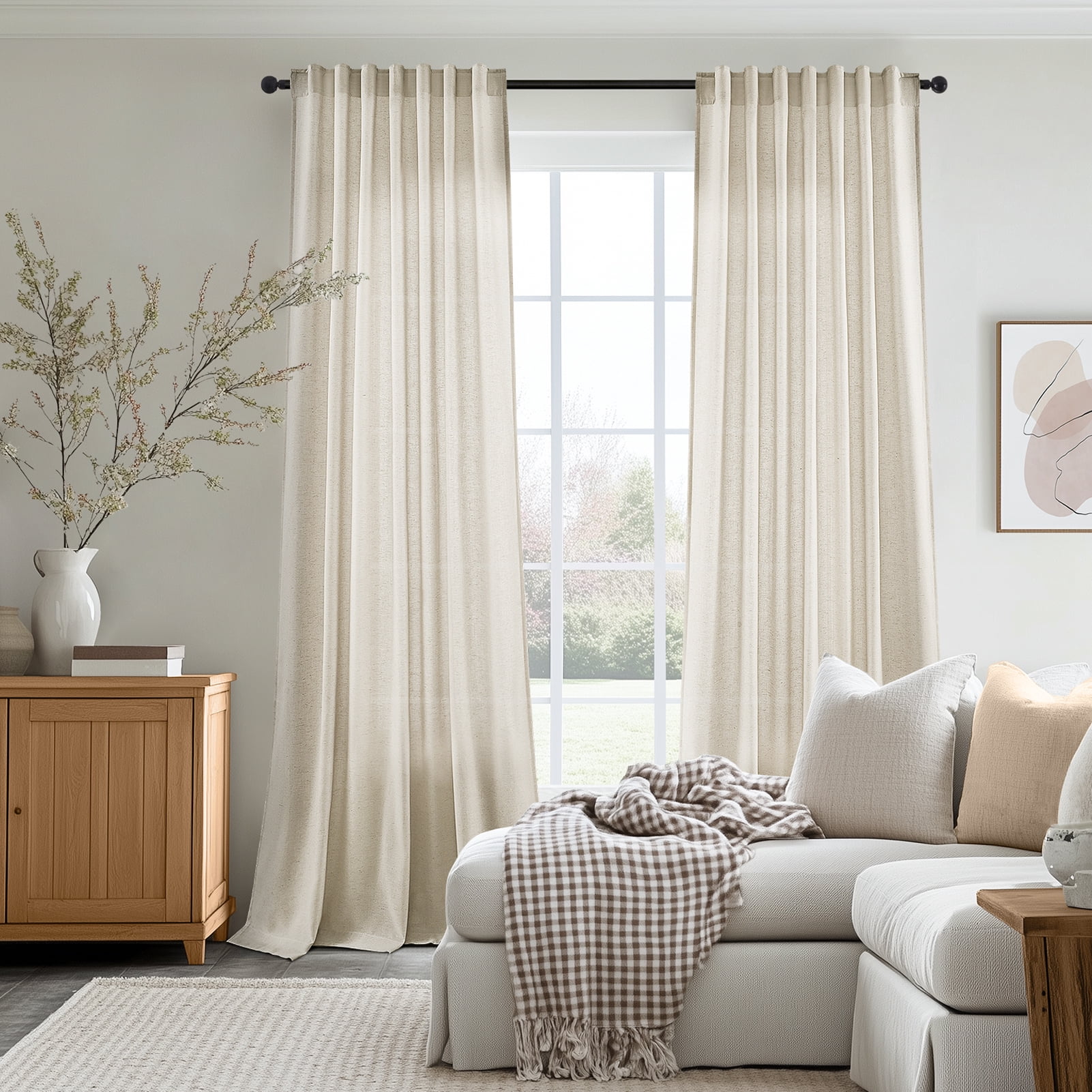 Jainmy Oatmeal 96 Inch Long Linen Semi Sheer Curtains 2 Panel Set,Light Filtering Curtain Window Curtains Drapes for Living Room Bedroom,52"x96"