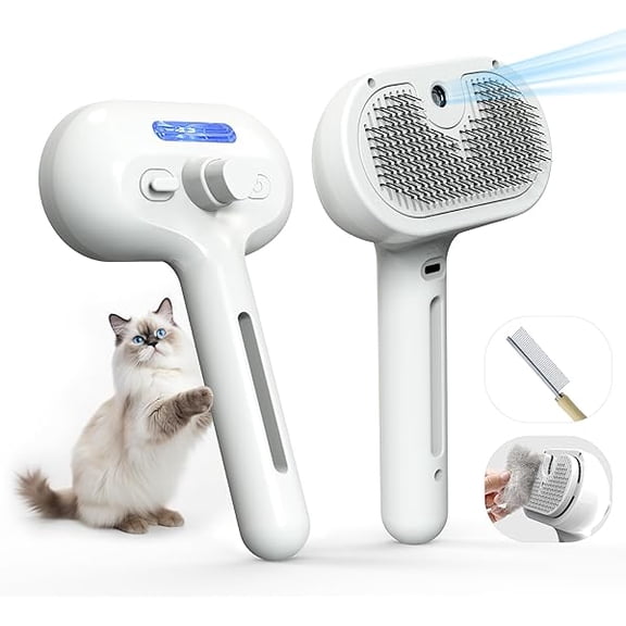 Pet Grooming Brush with Electronic Mist Spray - Gentle Deshedding Tool for Cats & Dogs, Pet Steam Brush，Reduces Shedding, Soft Bristles, Promotes Healthy Coat-Comes with a hair smoothing comb-White