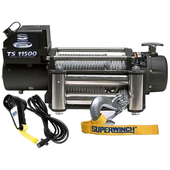 Superwinch 1511200 Tiger Shark 11500 12V DC Winch 11,500lb/5,216kg Single Line Pull with Hawse Fairlead, 3/8" x 80' Steel Wire Rope, Corded Handheld Remote