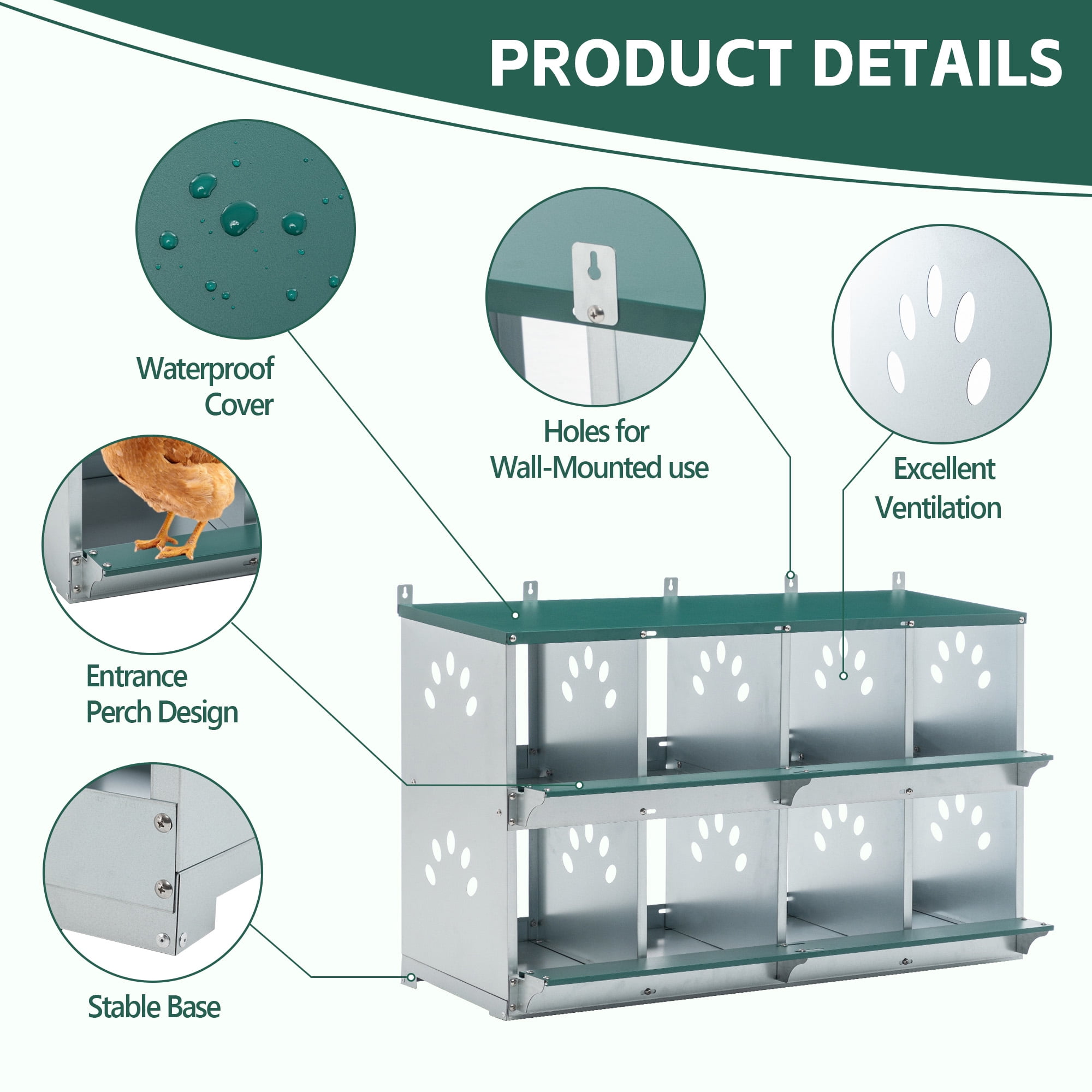8 Compartment Galvanized Steel Chicken Nesting Boxes, Wall Mount Poultry Laying Box with Large Vents, Roll-Out Egg Design for Hens (Green)