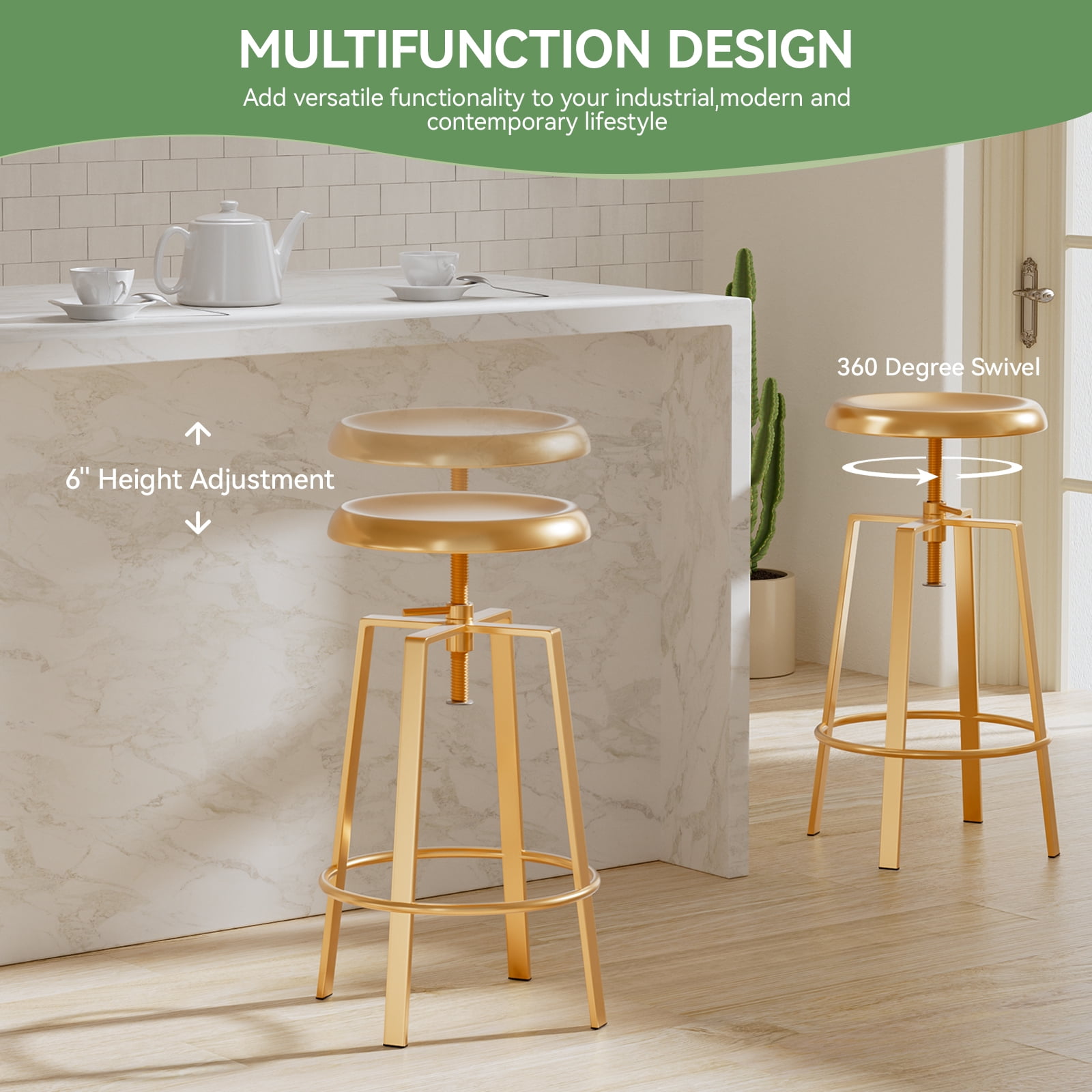 Industrial Bar Stools Set of 2, Metal Adjustable Swivel Four Legged Round Barstools, Atlas Backless Counter Height Bar Chairs for Kitchen Dining, Gold