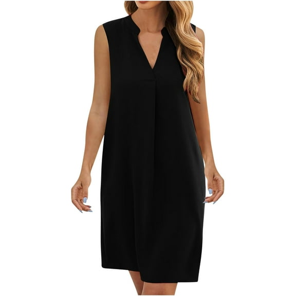 Sakmal Casual Summer Dresses for Women Mid-Length Black V-Neck Comfy Sleeveless Loose Fit Solid Shift Dress