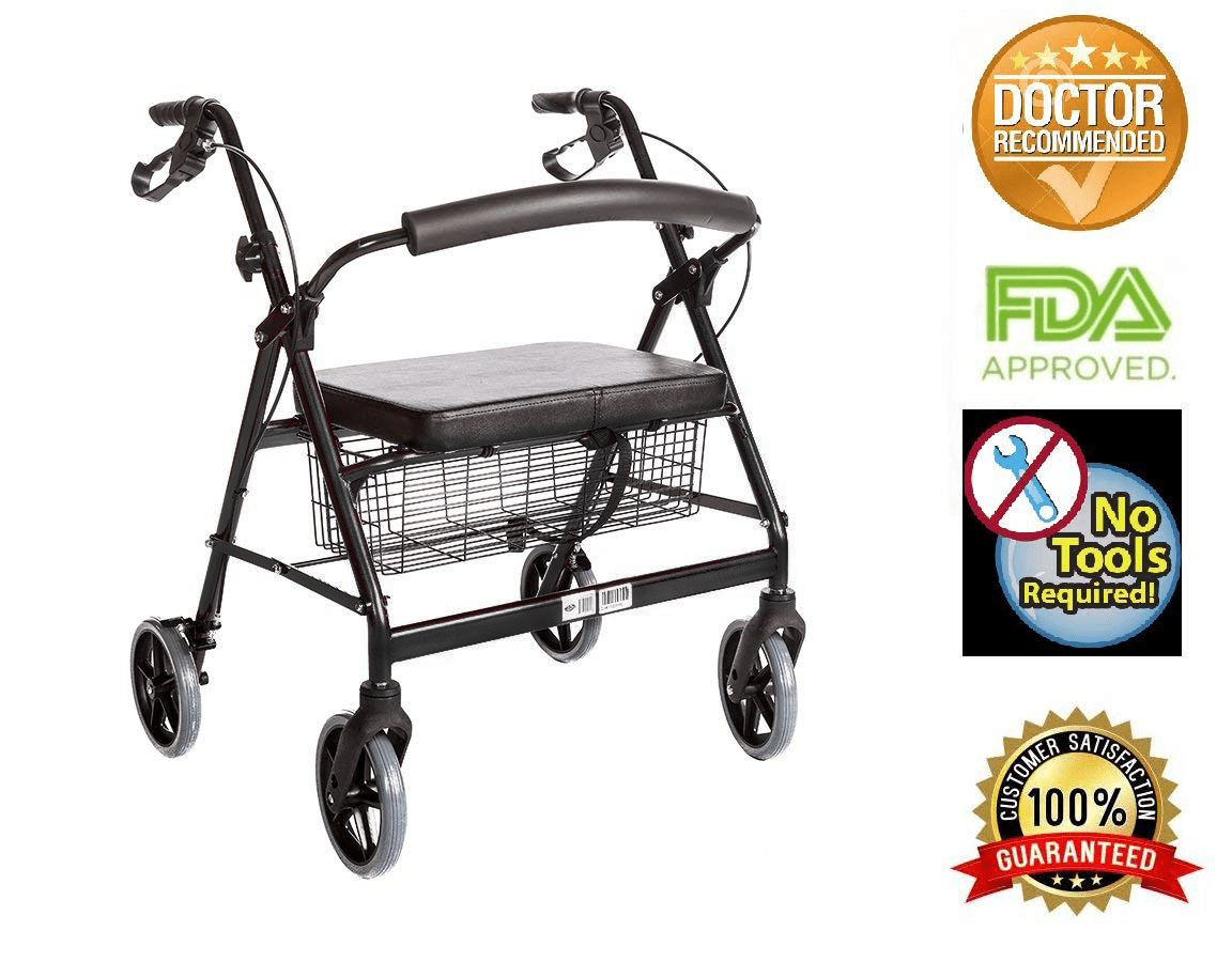 HEALTHLINE Heavy Duty Bariatric Rollator Walker With Seat and Wheels, 4 Wheel Walker With Large Seat and Basket and Brakes, Medical Walker With Seat for Seniors, 8 Inch Wheels, 450 Lbs, Black
