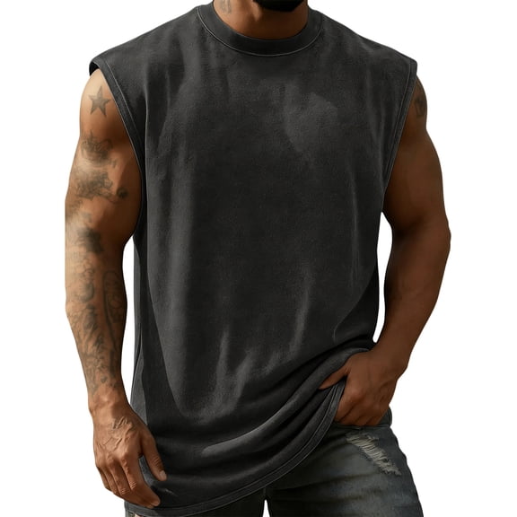 Dresfit Shirts Mens Sleeveless Distressed Cut Off Tank Tops Crew Neck Washed Vintage Shirt 2026 Summer Muscle Fit Loose Oversized Active Basic Tees Black XL