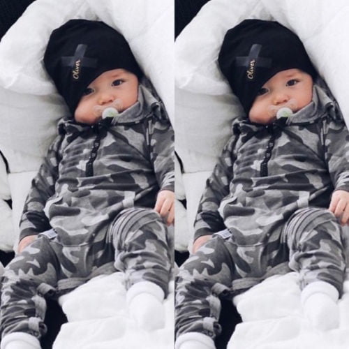 Newborn Baby Boys Casual Zipper Camouflage Hooded Romper Jumpsuit Outfit Clothes 