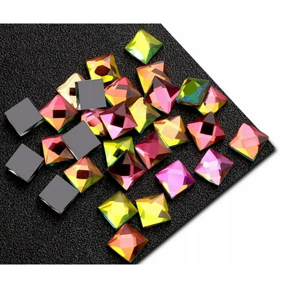 U8MO 100 Rainbow AB Faceted Square Flatback Glass Crystal Rhinestone Gems 10mm Tile
