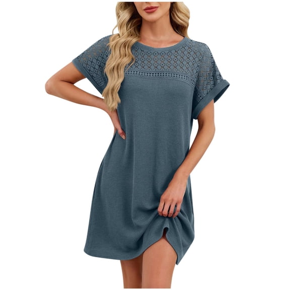 Tnhcen Women's Short Sleeve Nightgown Solid Color Lace Splicing Round Neck Casual Sleepwear Nylon Spandex Soft Stretchy Fabric S - 2XL Plus Size Nightdress for Women