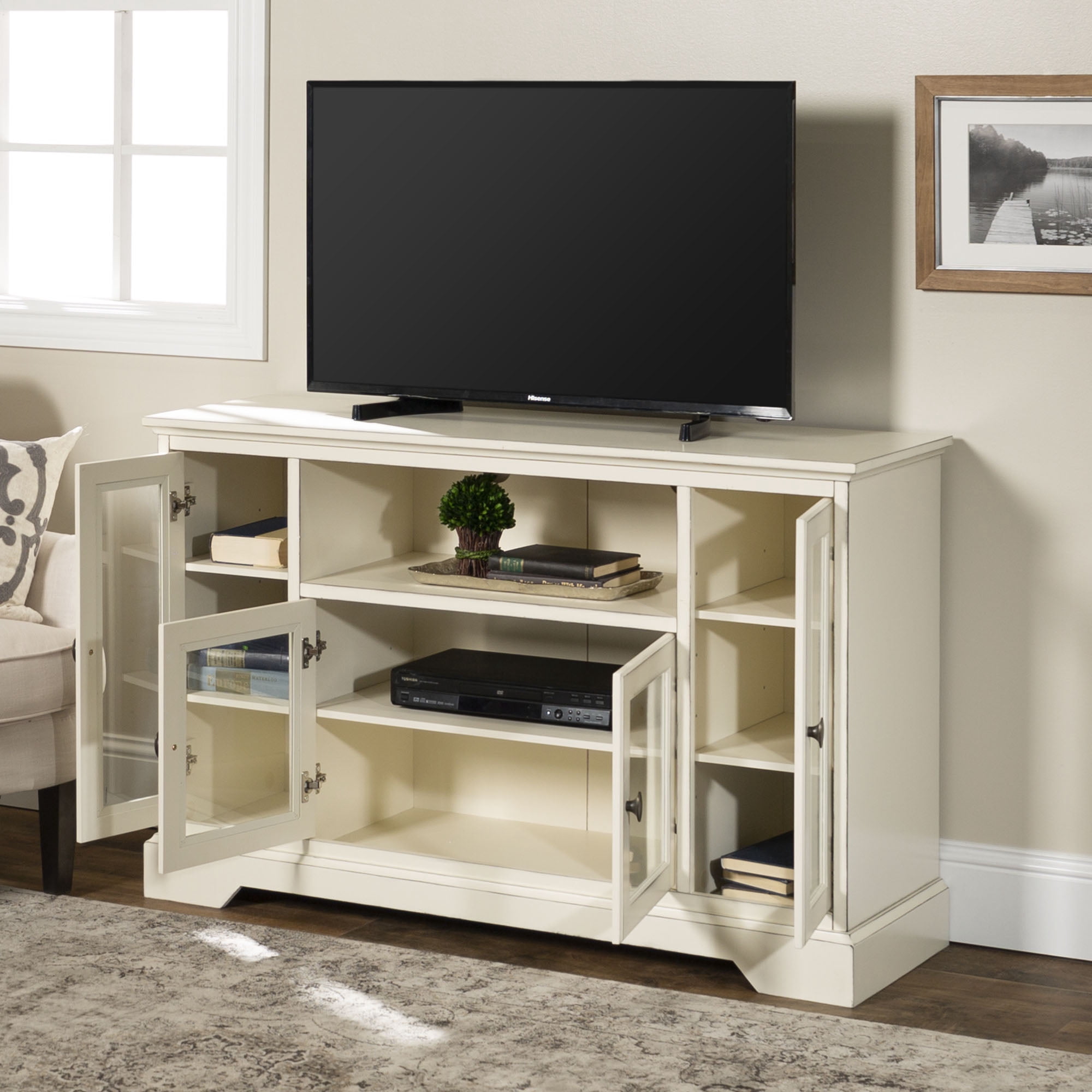 Highboy-Style Wood Media Storage Antique White TV Stand by Manor Park