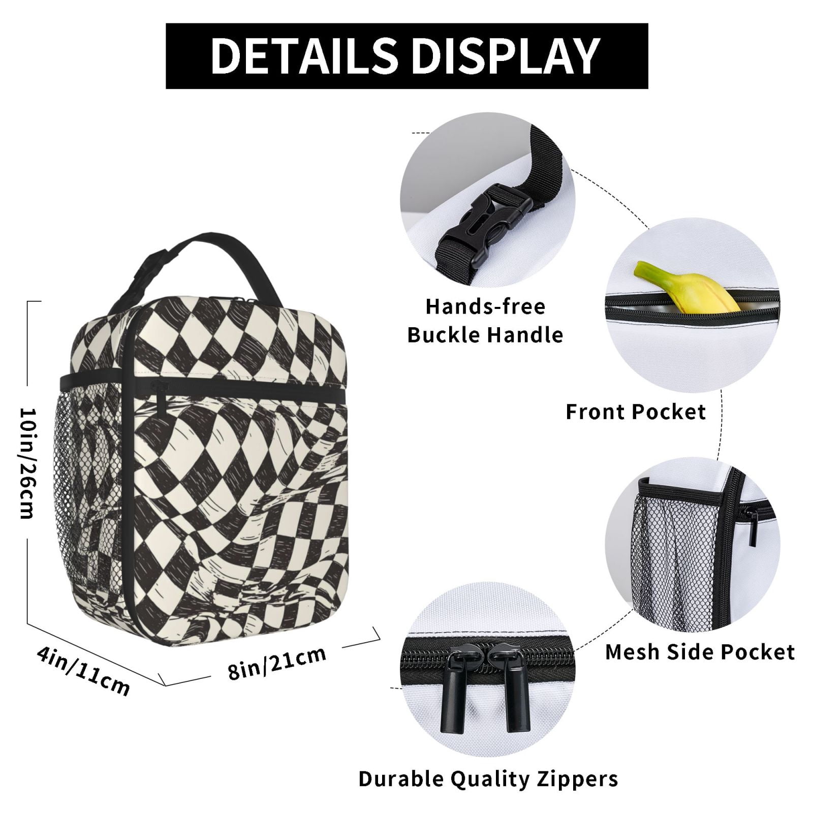 Lunch Bag For Women Men Insulated Portable Lunch Box Bento Box Office Picnic Travel Cooler Bag Black White Checked Hand-Drawn Sketch2