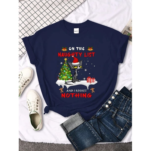 Camiseta con dibujos animados de gatitos navideños para mujer, Tops con gato en la lista traviesa y no me arrepiento de nada, ropa informal de Hip Hop a la moda