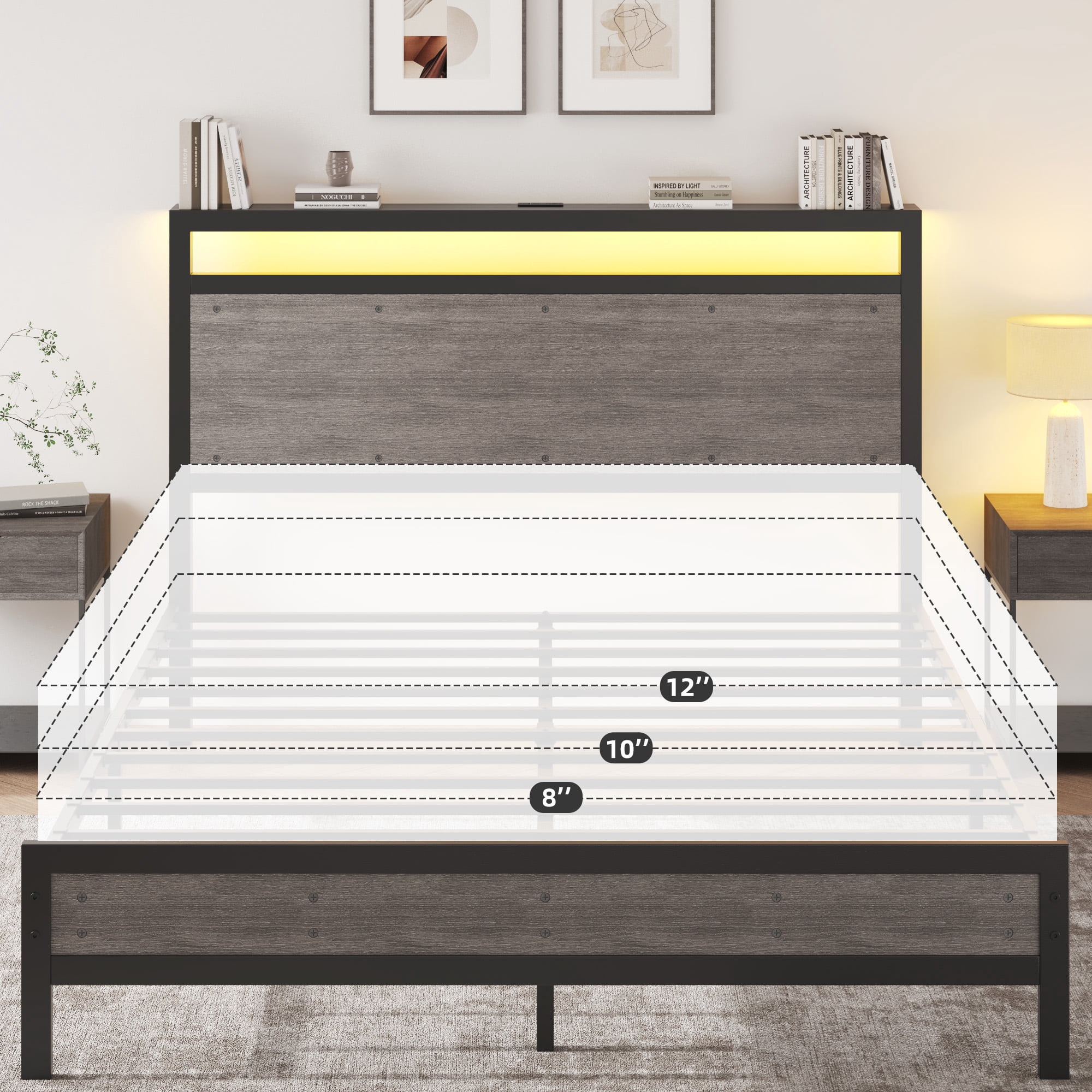 Queen Bed Frame with LED Headboard & Charging Station, Noise-Free, No Box Spring Needed, Rustic Grey