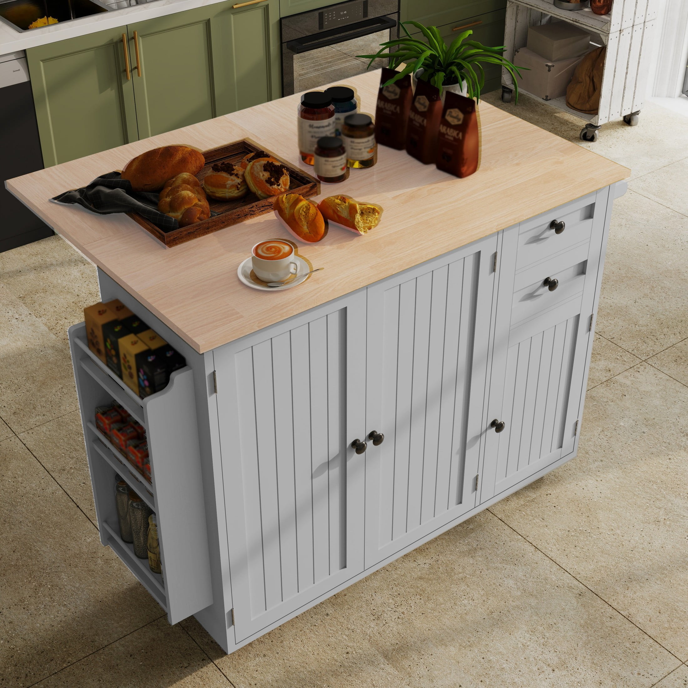 50.4" Kitchen Island with Storage,  Expandable Solid Wood Top Cart with Drop Leaf and Wheels, Grey
