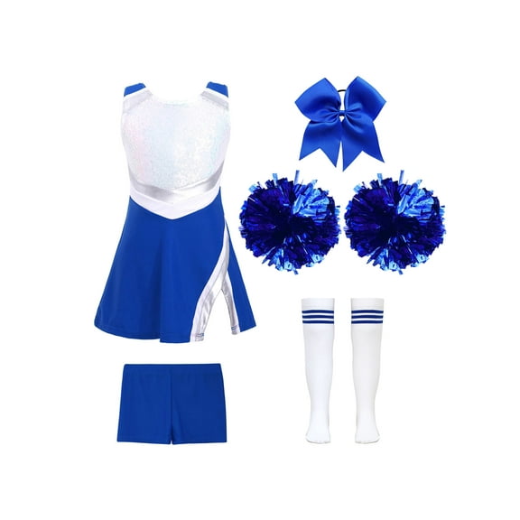 inhzoy Girls Cheerleading Outfit Carnival Cheer Leader Dress with Shorts Pompom Socks Headwear A Royal Blue 10