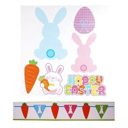 Easter Decorations, Easter Bunny Cut Outs and 6 Foot Ribbon Party Banner ( 2 Pack, 7 Pieces Total)