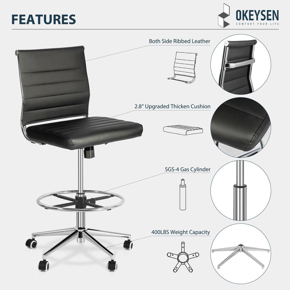 Okeysen Tall Drafting Desk Chair, Urban Adult Leather Armless Office Chair, Adjustable Foot Ring, Black (Set of 1)