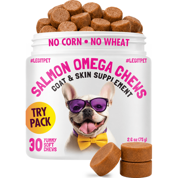 Omega 3 Alaskan Salmon Oil Treats for Dogs 120 Fish Oil Chew Supplement Skin and Coat Allergy and Itch Relief Hip & Joint Health Brain Shedding Hot Spots Treatment Omega 3 6 9 EPA & DHA Fatty Acids