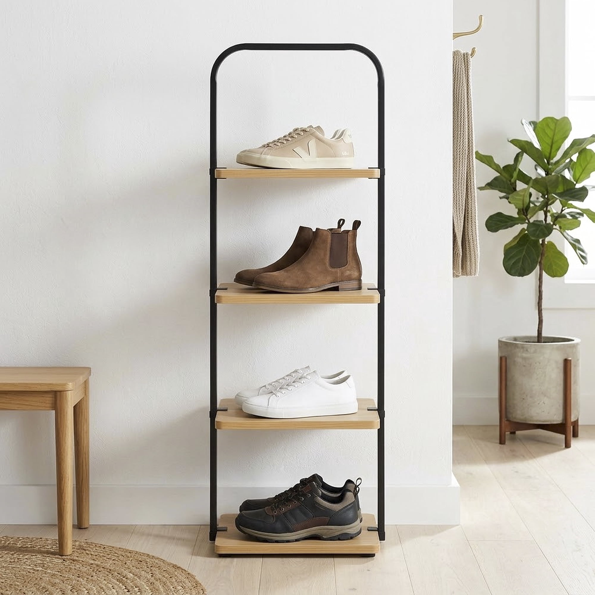 Better Homes & Gardens Juliet 4-Tier Wooden Shoe Ladder for Shoe Storage, Black and Light Honey Wood, Holds up to 4 Pairs