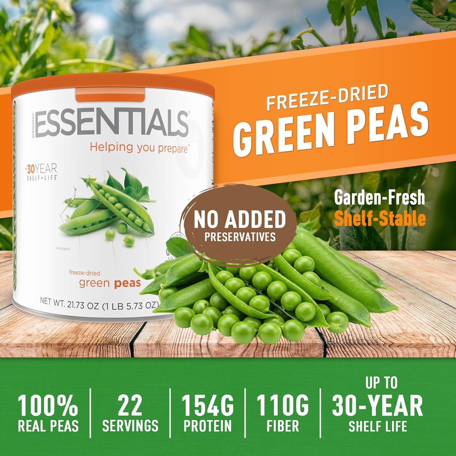 Emergency Essentials Freeze-Dried Green Peas #10 Can | Long-Term Emergency Food | High Protein | Shelf-Stable | 30-Year Shelf Life | Camping & Survival Veggie