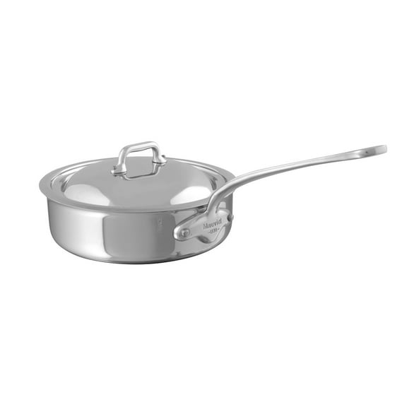 Mauviel M'Cook Polished Stainless Steel Saute Pan with Lid and Cast Stainless Steel Handle, 3.2-qt