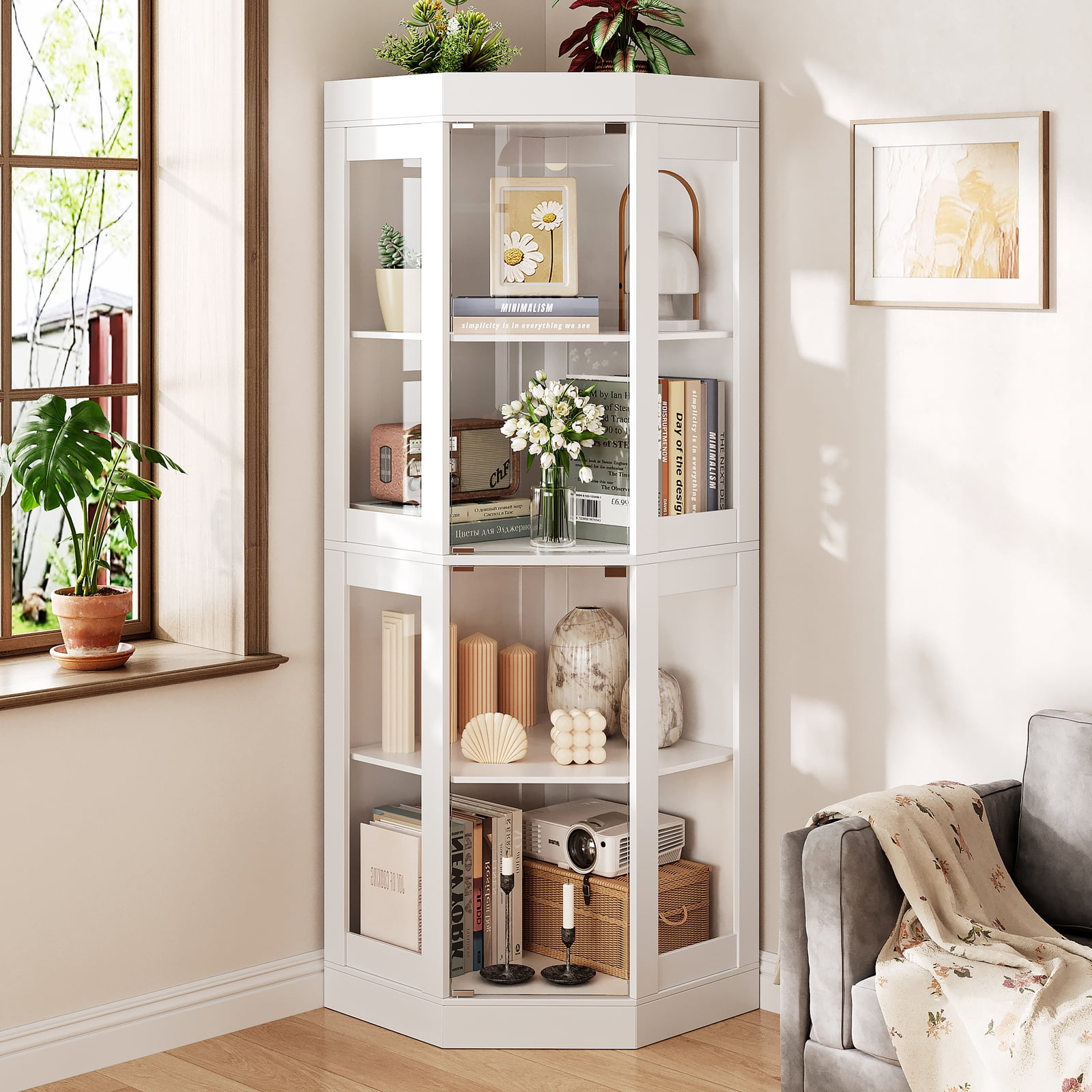 70'' Tall Corner Cabinet with Glass Doors, Modern Display Cabinet for Kitchen, Dining Living Room, Bathroom, White