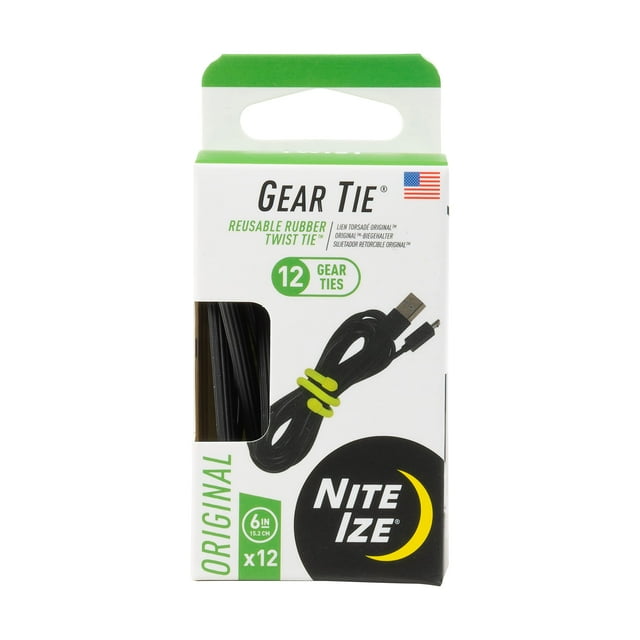 Paquete de 12 corbatas Twist Tie Nite Ize Original Gear Tie, 6 pulgadas, color negro