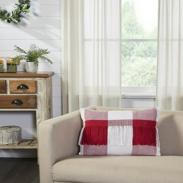 VHC Brands Farmhouse Christmas Decorations Annie Check Accent Pillow for Bedroom Living Room, Fringed Red and White Checkered 9.5x14 inches