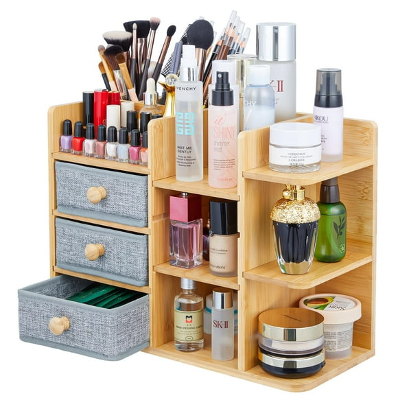 Makeup Organizer Countertop Cosmetic Skincare Organizers With 3 Makeup Brush Holders/3 Drawers/7 Storage Shelves Elegant Bamboo Make Up Storage Organizers Holder For Counter Vanity Dresser Bathroom