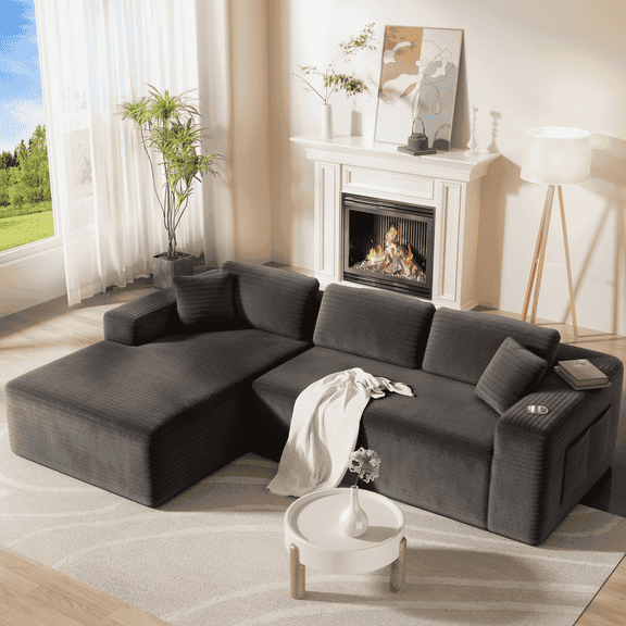 Amsleekey 108" Modular Sectional Sofa with Left-Facing Chaise, L-Shape Corduroy Cloud Couch for Living Room, Comfy Sleeper Sofa with 4 Storage Pockets & Tray, Grey