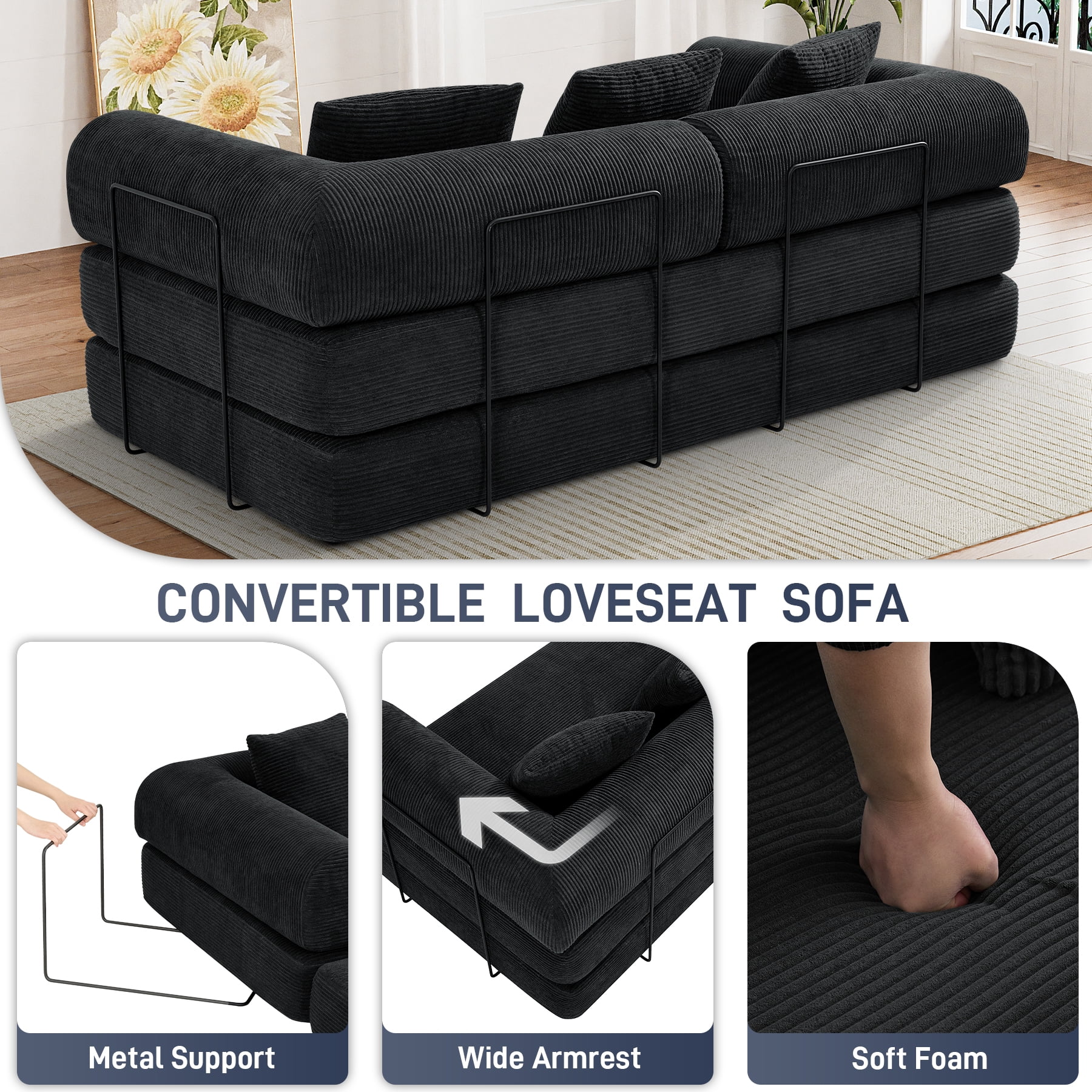 Wiilayok Convertible Sleeper Sofa Bed,Corduroy Modular Folding Mattress Couch with Fixed-Shape Frame,Comfy Futon Sofa Bed for Living Room, Bedroom(78.7",Black)