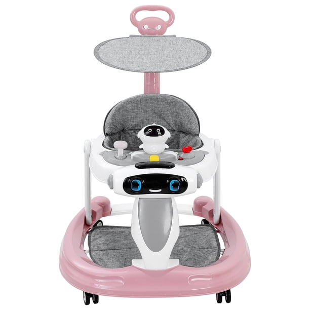 Andador Para Bebé 4 En 1 Con Ruedas, Portátil, Plegable, Para Bebés De 7 A 18 Meses, Con Reposapiés Extraíble, Volante Y Música, Ajustable, Color Rosa(A)