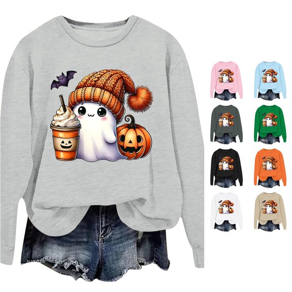 Halloween Sweatshirt for Women Hoodless Sweatshirt Oversized Crewneck Long Sleeve Pullover Sweatshirt for Women Light Gray M
