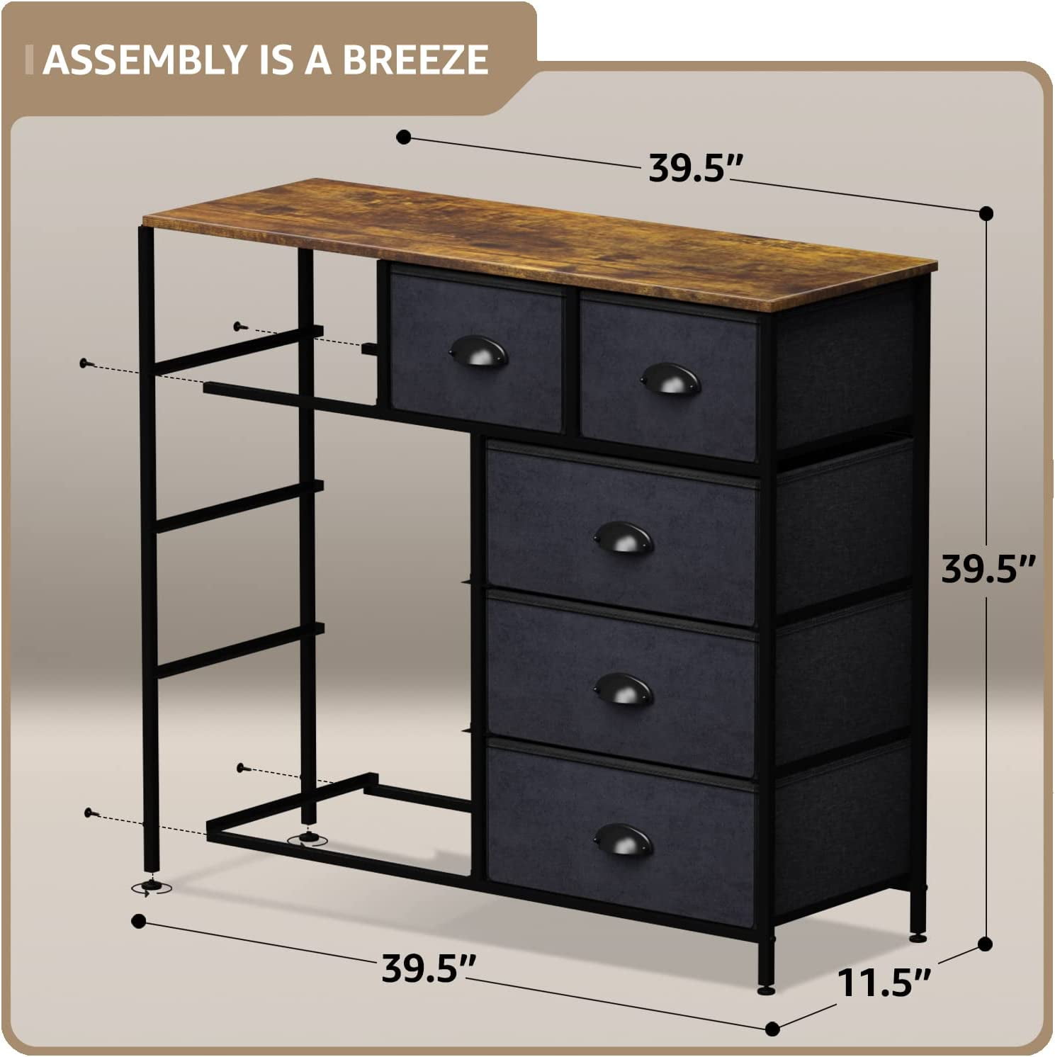 Sorbus 9-Drawer Dresser Nightstand End Table, Steel Frame, Wood Top, Black Wood