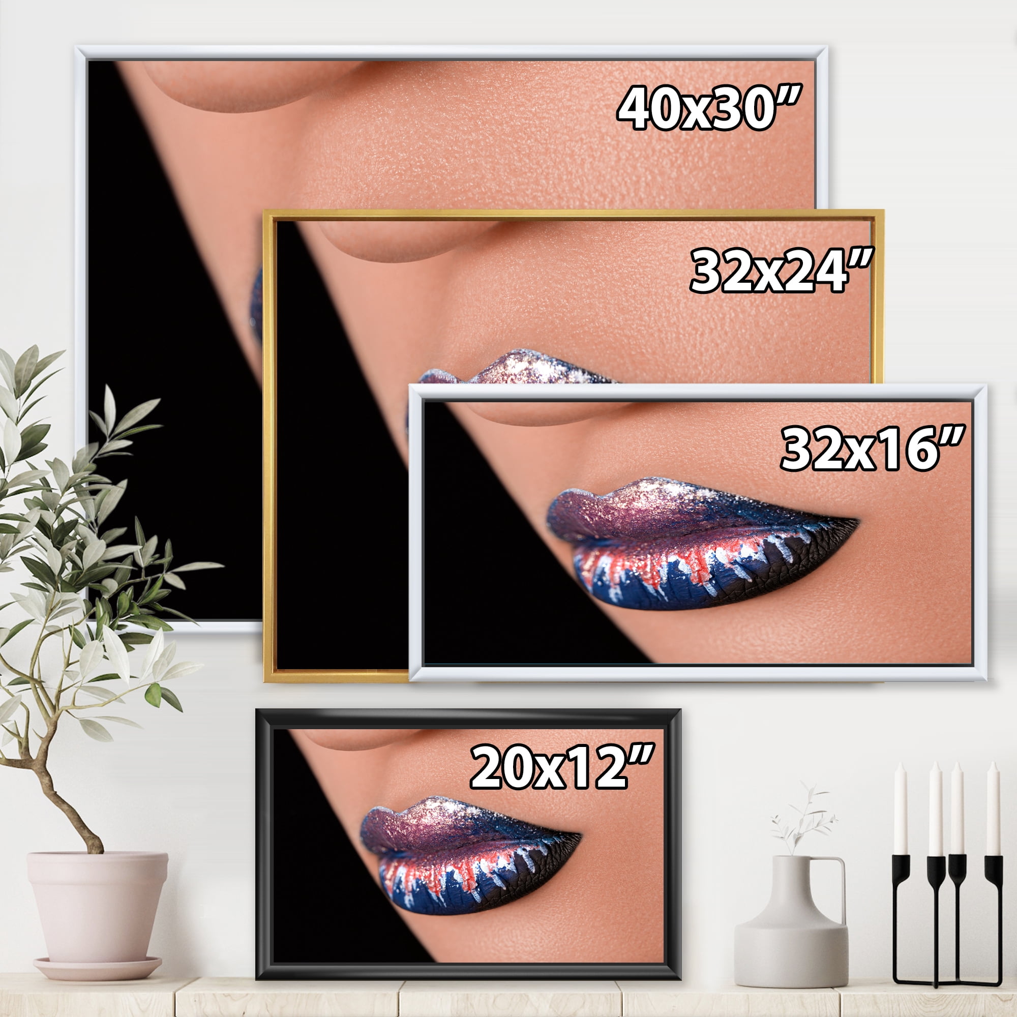 Fashion and Creative Make Up On Woman Lips 32 in x 16 in Framed Painting Canvas Art Print, by Designart