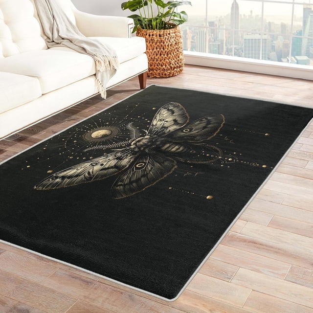 Moth Rugs for Bedroom - Moth Rug & Home Decor, Butterfly Celestial Rugs for Entryway, Washable Rugs, 2x3 Area Rug, Non Slip Soft Indoor Door Mat, Black Aesthetic Carpet & Room Decorations