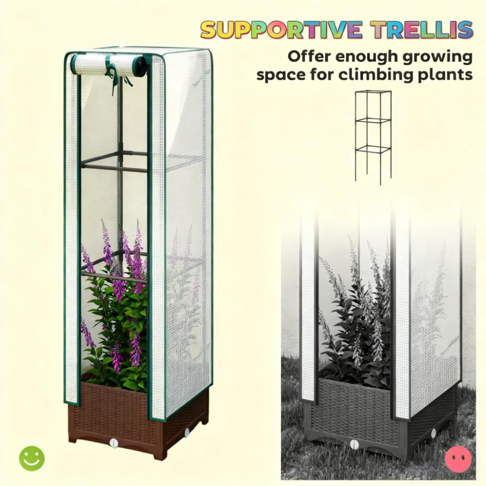 Portable Outdoor Plant Box, Garden Bed with Trellis and Cover, Drainage Holes and Zipper Door