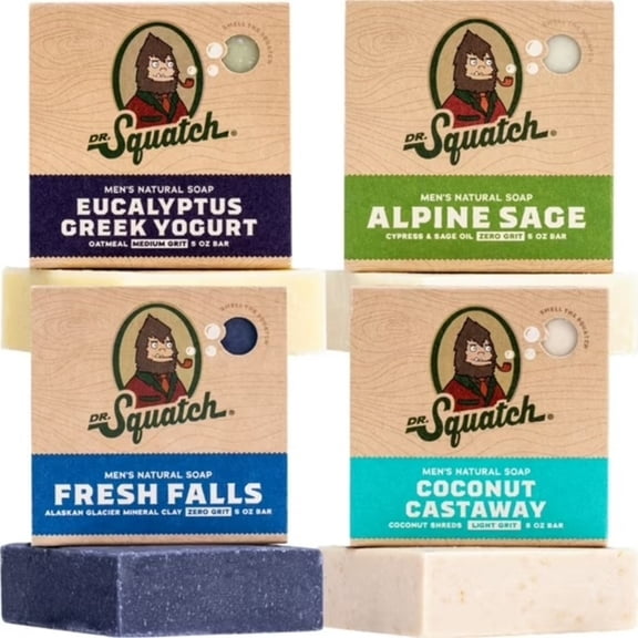 Dr. Squatch Mens Bar Soap Set, Natural Bar Soap for Men, Coconut Castaway Alpine Sage Fresh Falls Eucalyptus Greek Yogurt, 20 oz, 4 Pack, Mixed