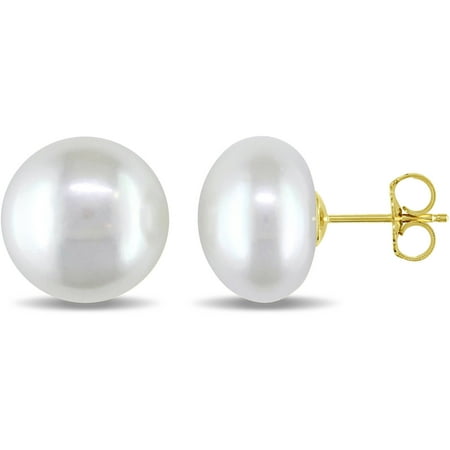 11-12mm White Cultured Freshwater Button Pearl 14kt Yellow Gold Earrings