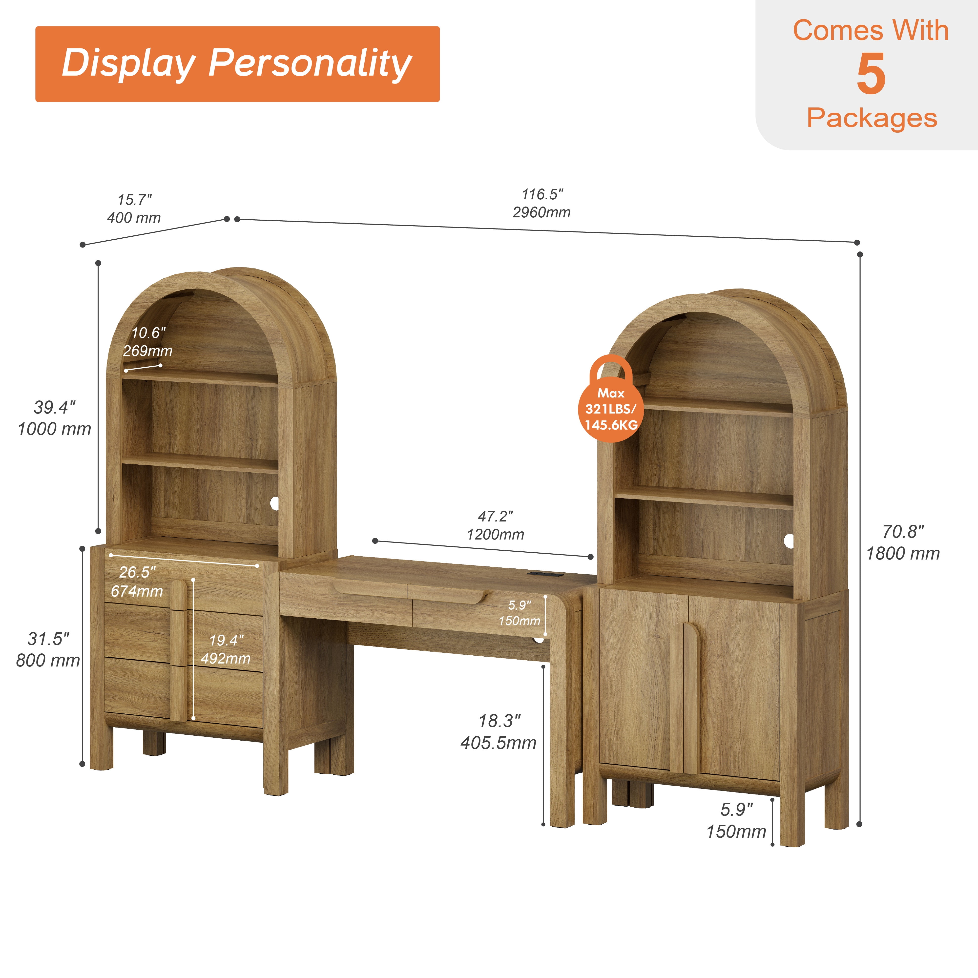 Modern Home Office Set, 47" Modern Executive Desk with Charging Station and Drawers & 2 Piece 71"H Tall 8-Tier Arched Bookcases with Cabinet for Living Room, Bedroom, Home Office