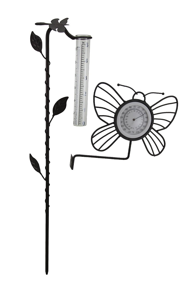 2 Piece Hanging Butterfly Thermometer & Dragonfly Rain Gauge Garden Stake Set by GREAT DISCOUNTERS